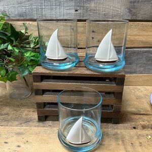 Set of 3 Vintage Sailboat Nautical Blue Glass Tumblers